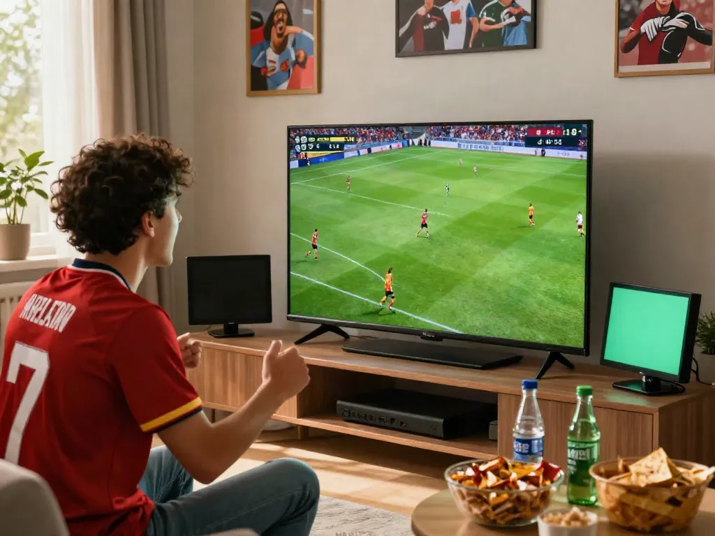 Football fan enjoying live streaming on https://cakhiatvvn.jpn.com/ with snacks and drinks in a lively atmosphere.