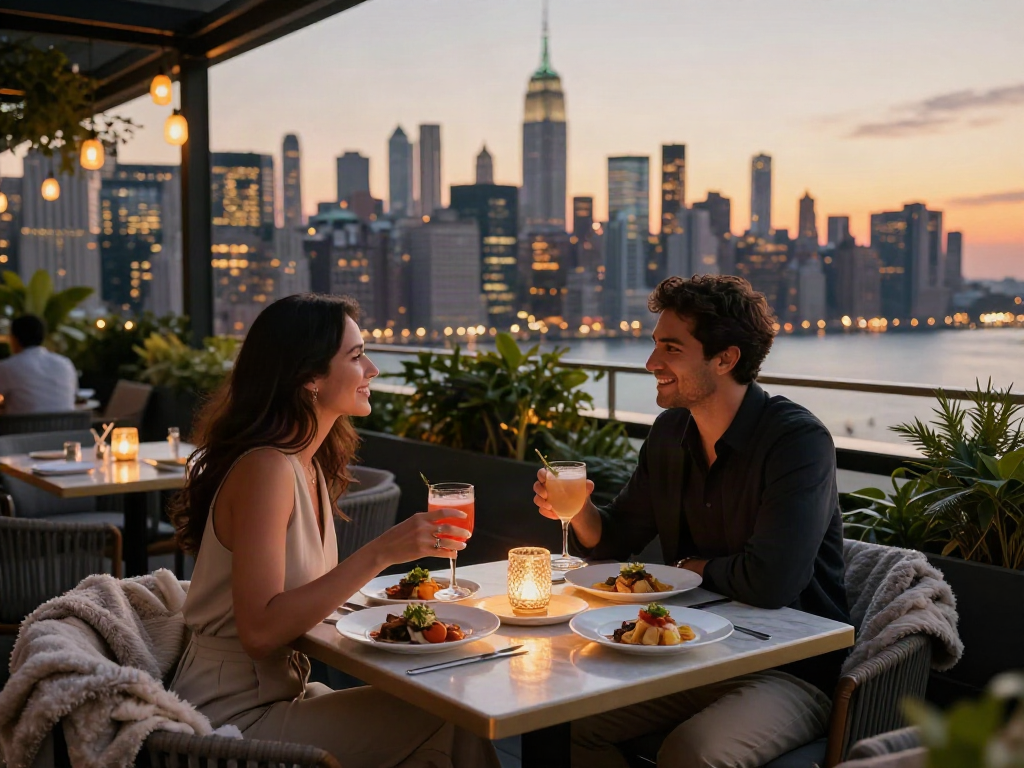 Couple enjoying drinks at NoHu rooftop bar with NYC skyline at sunset.