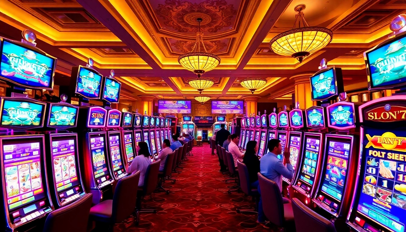 Winning at slot777: Excited players celebrate their victories at vibrant slot machines in a luxurious casino.