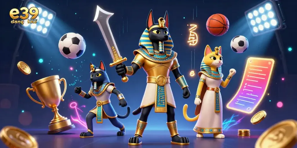 Experience e39 đăng ký with animated characters and dynamic sports elements in a vibrant casino setting.