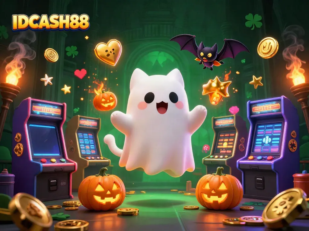 Engage with IDCASH88 in a haunted casino adventure featuring a ghost cat and bat.