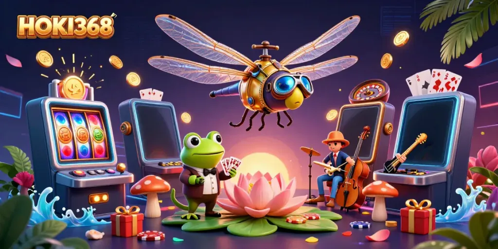 Experience HOKI368's vibrant online slot world with a dynamic dragonfly pilot and frog croupier in this detailed illustration.