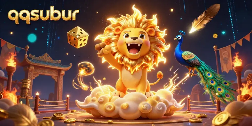 Experience thrilling gameplay at qqsubur with a vibrant casino scene featuring roaring lion and golden dice.