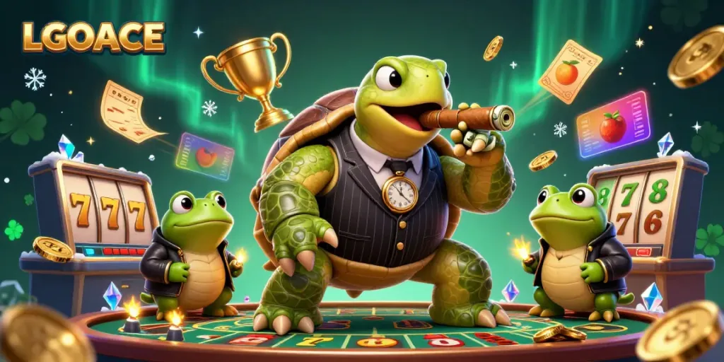 LGOACE features a giant snapping turtle in casino attire with slot elements and vibrant lighting.