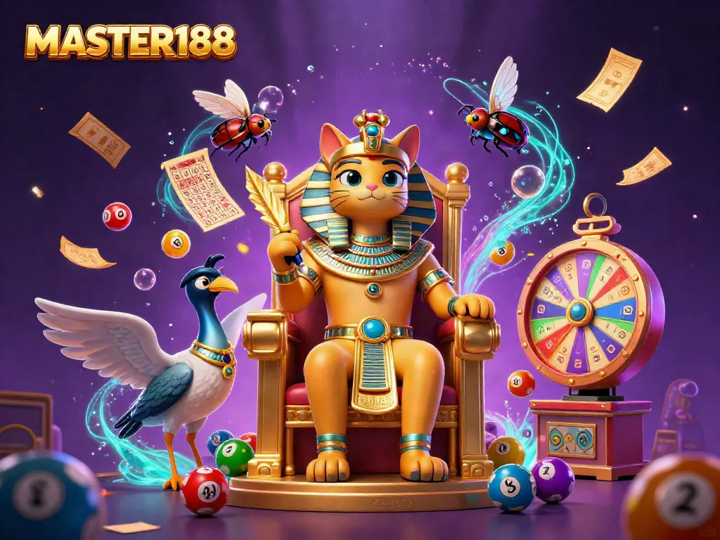Experience the excitement of gaming at MASTER188 with vibrant animated lottery elements and a fantastical rich backdrop.