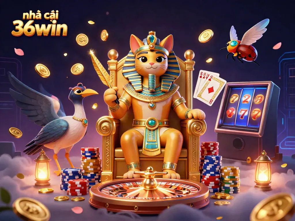 Engage with Nhà cái 36win in an ultra-detailed 3D casino adventure featuring golden coins and vibrant game elements.