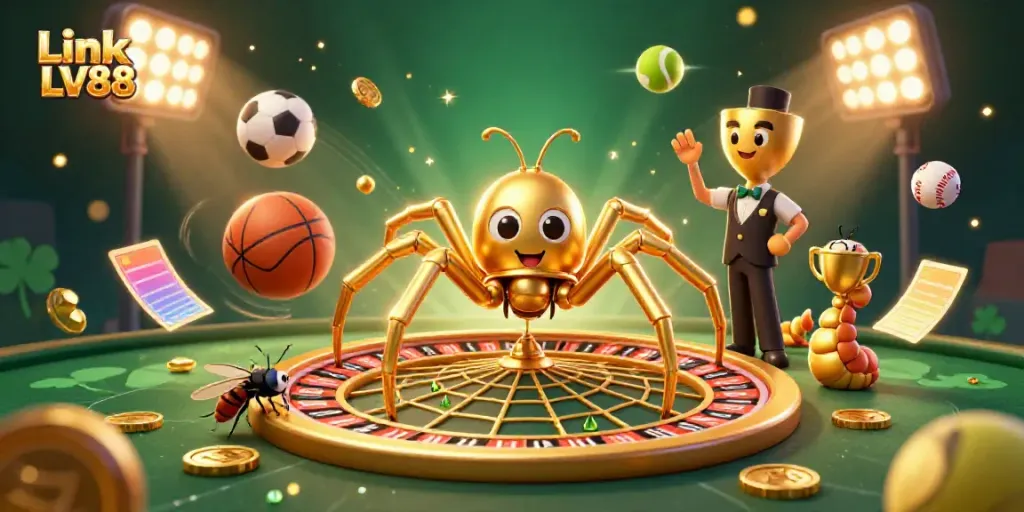Experience the excitement of Link LV88, with a golden spider spinning roulette stakes in a vibrant casino scene.