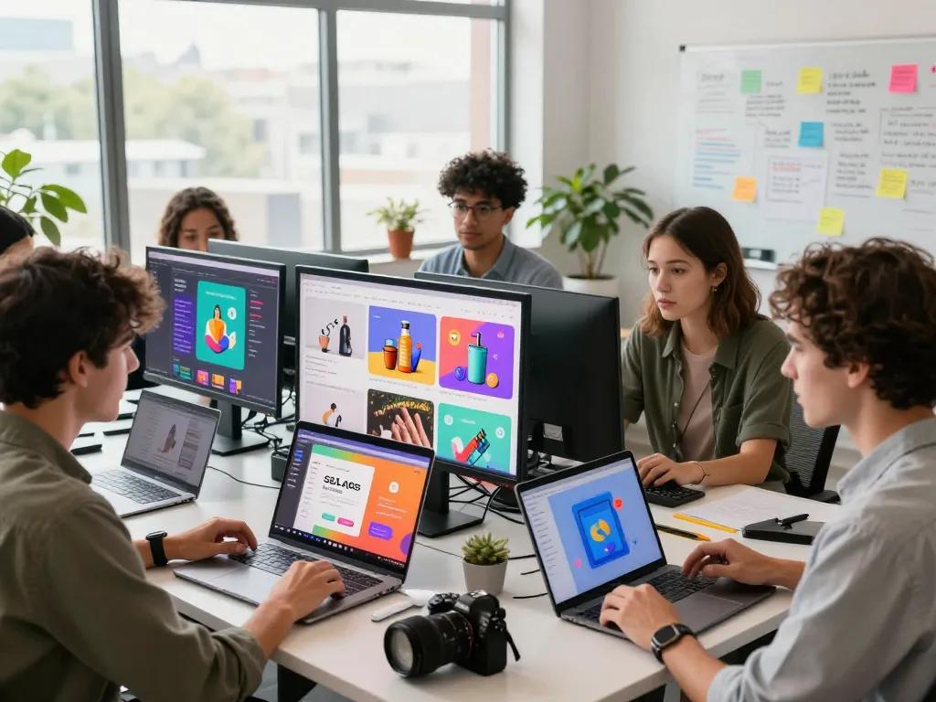 Team creating engaging SL Ads in a digital workspace with vibrant displays and collaborative energy.