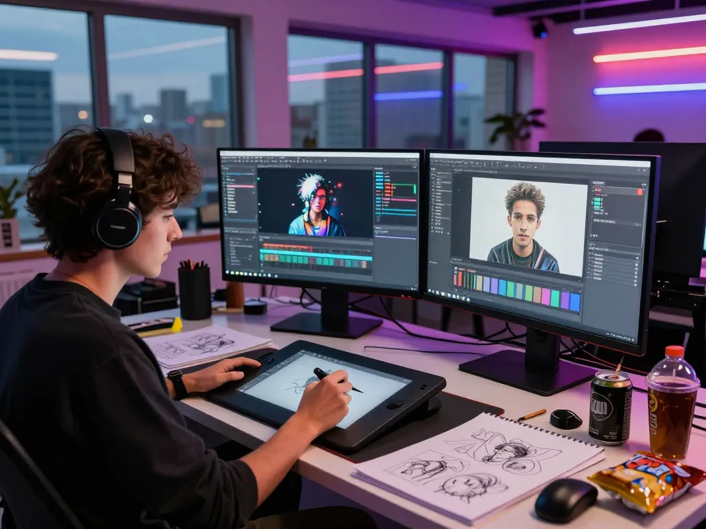 AI porn creation in a modern digital art studio showcasing vibrant workspace.