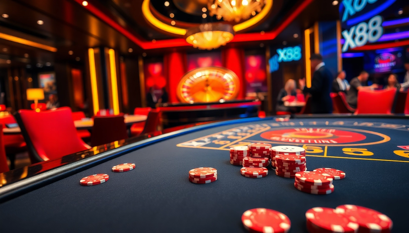 Engaging players at the X88 casino table surrounded by colorful chips and cards.
