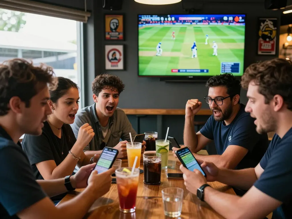 Group cheering while placing bets on free cricket betting sites at a sports bar.