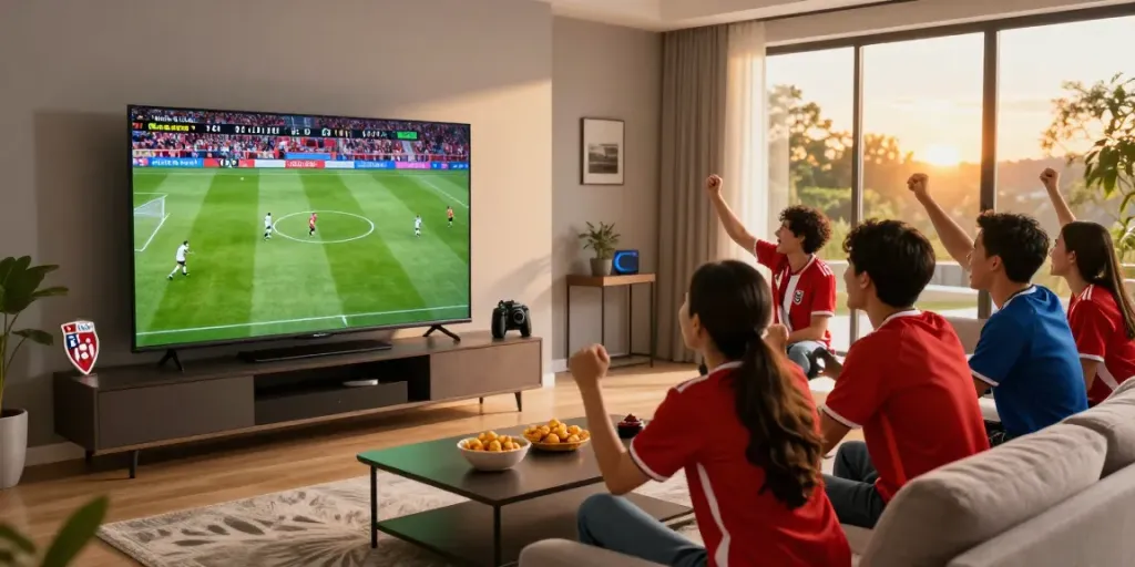 Friends watching live football at https://gavangtv.life/ with vibrant atmosphere and team jerseys.