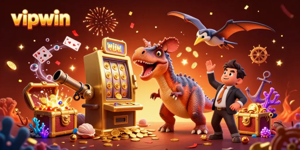 Catch flying coins as the pachycephalosaurus wins big at the vipwin casino, surrounded by celebratory elements.