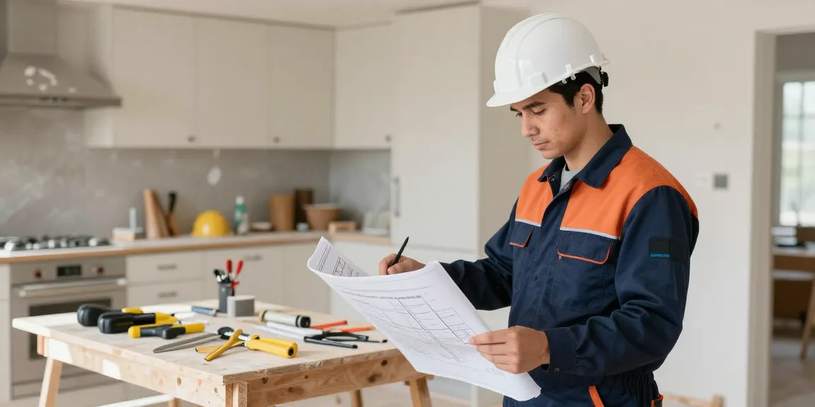 Trusted Kuwin contractor reviewing renovation plans at community site.