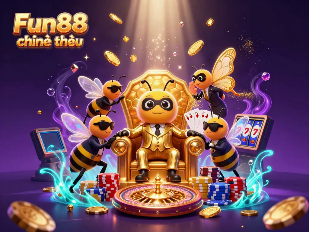 Experience the thrilling ambiance of Fun88 chính thức with cartoon characters and dynamic casino elements.
