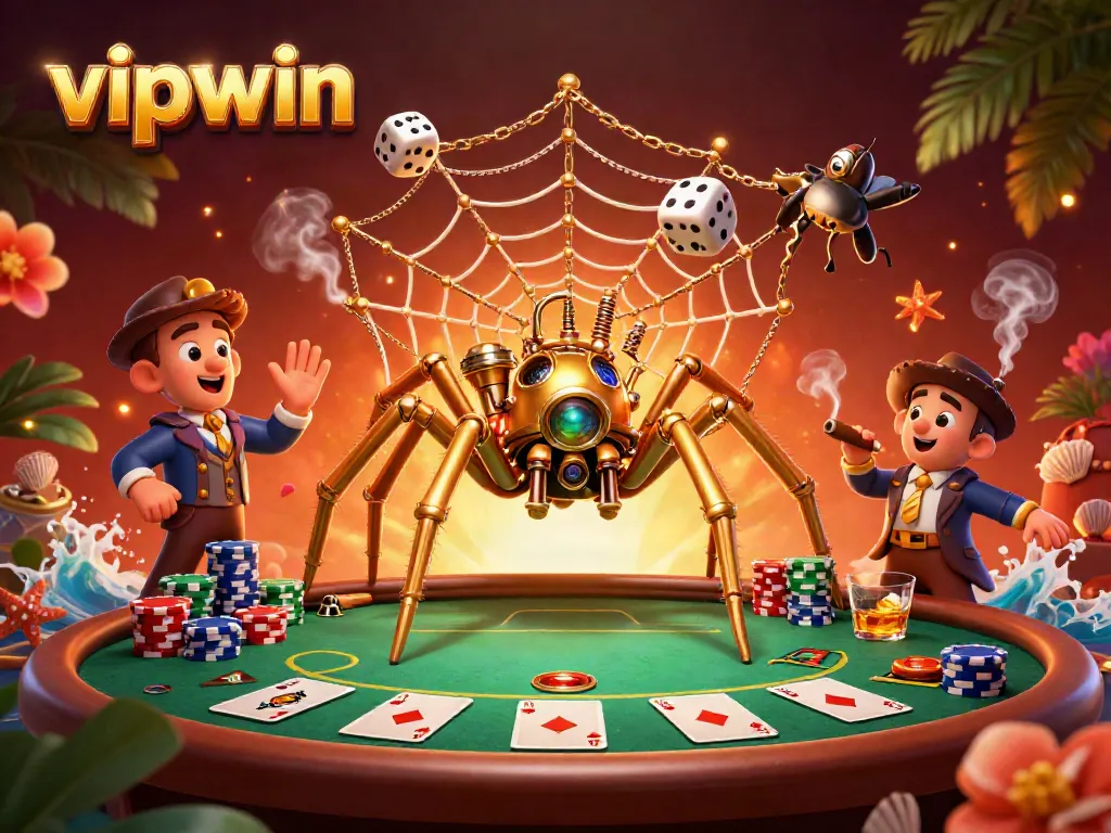 Experience a thrilling vipwin scene with a steampunk spider weaving golden webs and poker chips amidst lively casino elements.