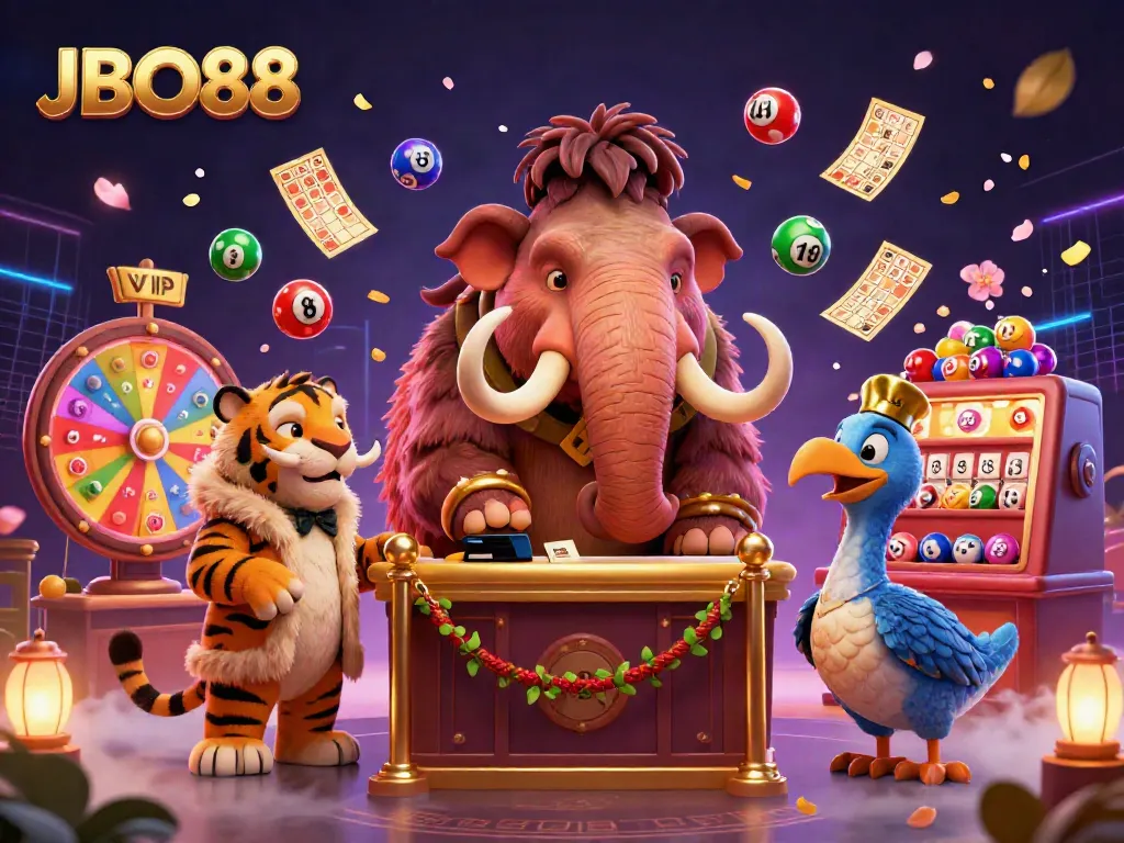 Experience the excitement of JBO88 with a dynamic casino scene showcasing key characters and vibrant game elements.