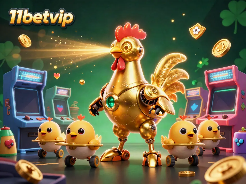Experience captivating 11betvip gaming with a dynamic 3D scene of a golden rooster robot and baby chick drones.