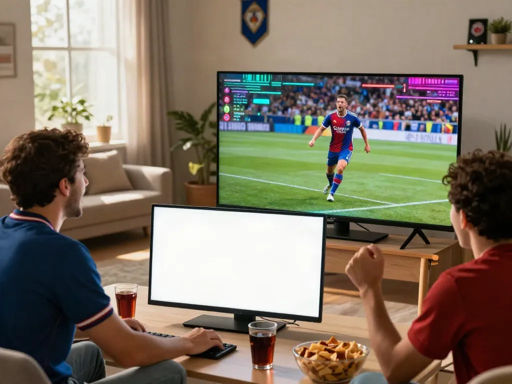 Excited football fan watching live matches on https://xoilactvlive.net/ in a lively home setting.