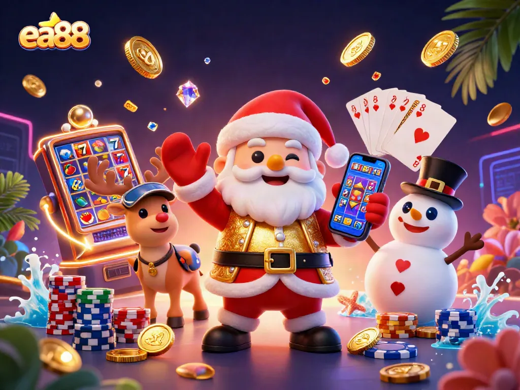 Spin the reels and win big at ea88 with Santa, his reindeer, and a poker chip snowman!