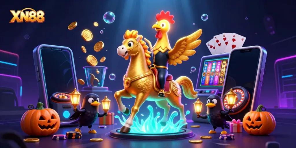 Experience XN88 with a golden rooster and spectral horse in a vibrant casino scene full of action and excitement.