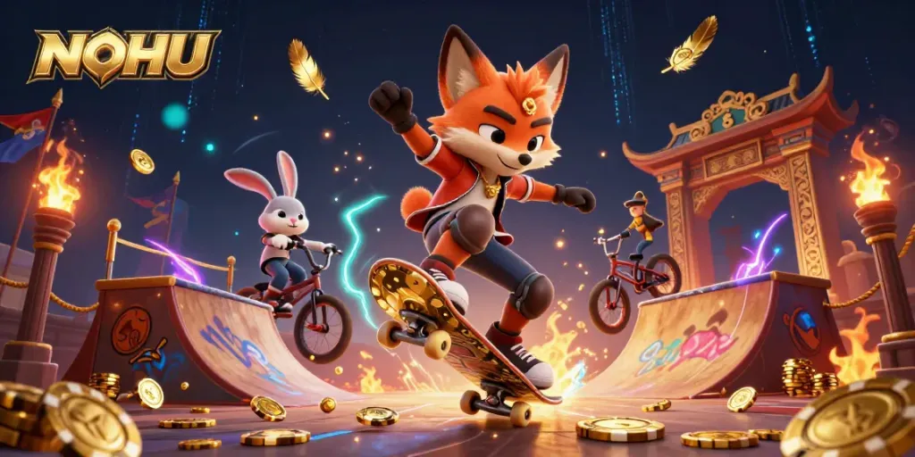 Engaging NOHU-themed casino scene featuring a skateboarder fox and BMX rabbit amidst animated gaming elements.