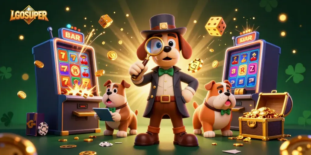 Experience gaming excitement with LGOSUPER as a detective uncovers winnings amidst vibrant casino elements.