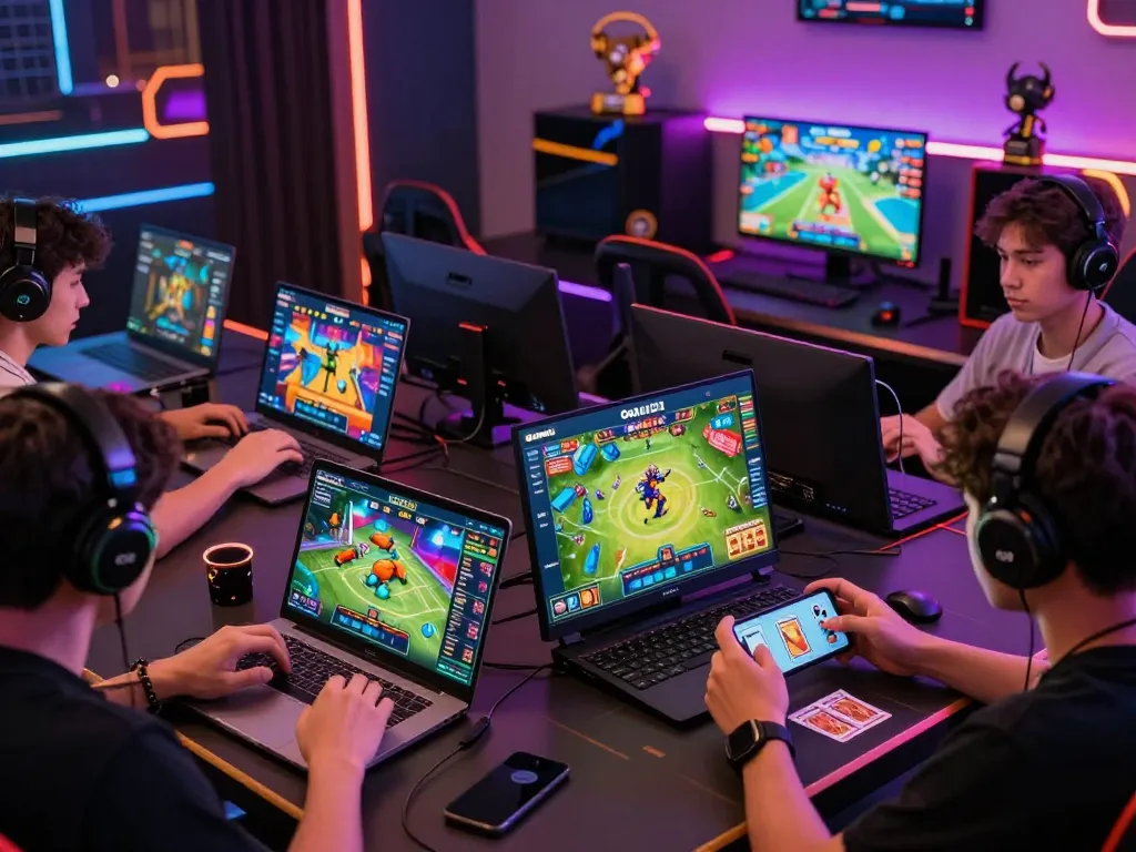 Goal123 players enjoying diverse online gaming experiences on laptops and mobile phones in an energetic digital environment.