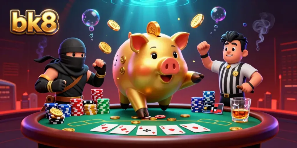Experience bk8's thrilling casino action with a golden piggy bank sumo wrestler amidst dynamic poker elements and vibrant visuals.