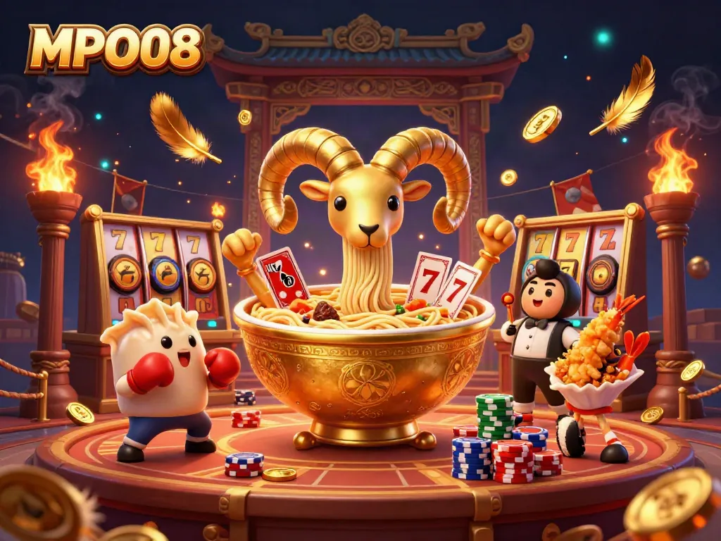 Engage in thrilling casino fun with MPO08's lively 3D illustration featuring vibrant characters and dynamic gaming elements.