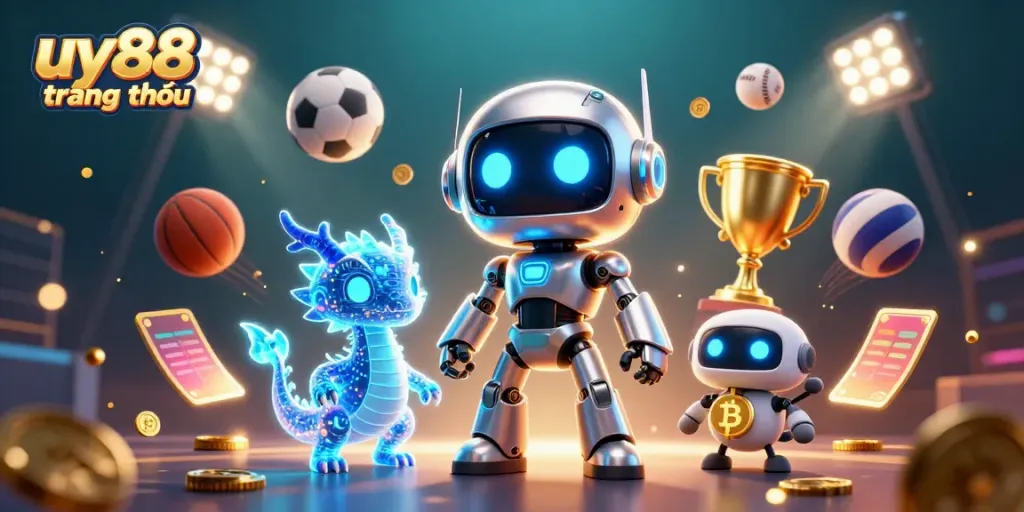 Join the excitement at uy88 trang chủ with a vibrant 3D casino scene showcasing a futuristic robot, AI dragon, and bitcoin-themed drone.
