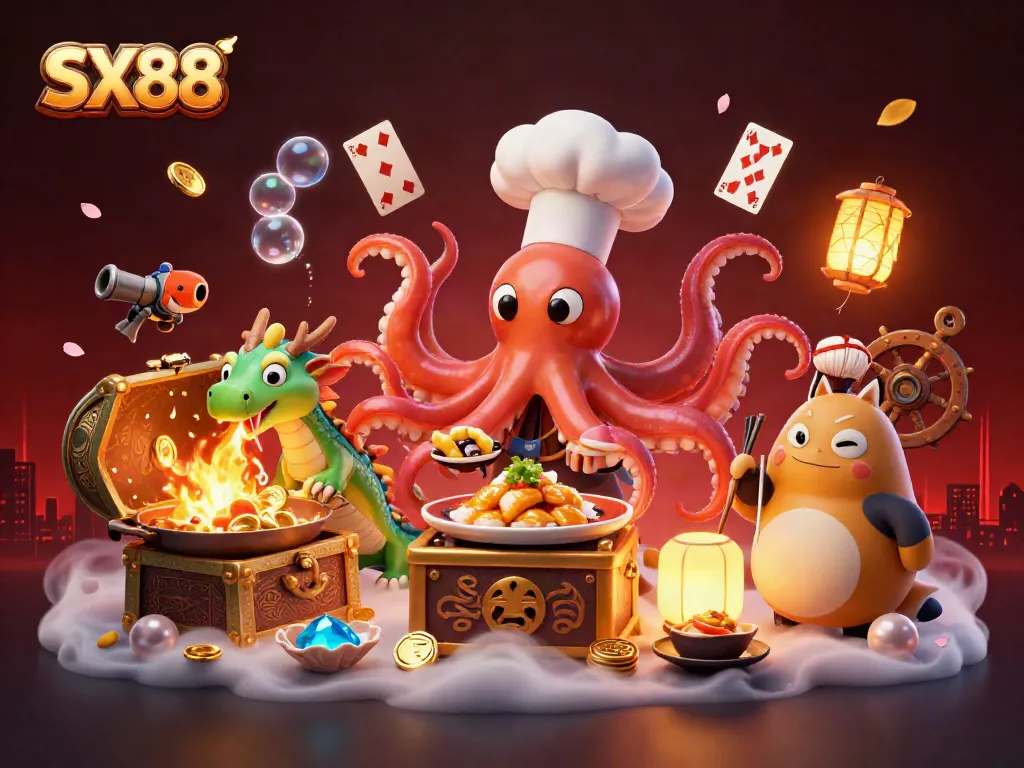 SX88 interactive scene with a sushi chef octopus, dragon, and tanuki in a lively casino environment.