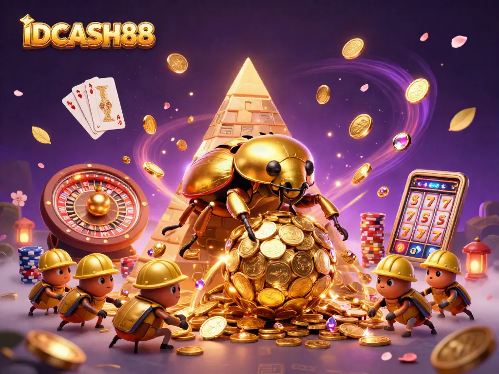Experience the thrilling excitement of IDCASH88 as golden beetles roll jackpot coins amidst a vibrant casino scene.