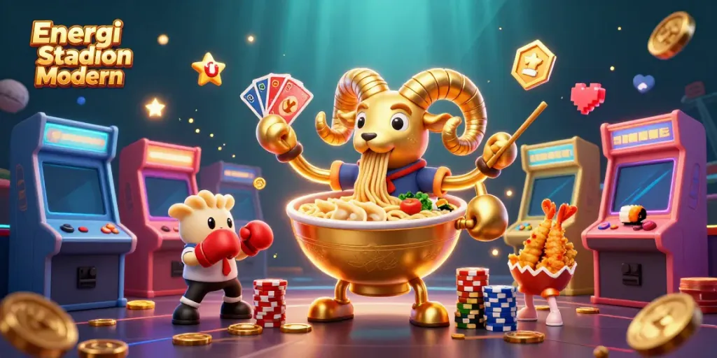 Experience the excitement of Energi Stadion Modern with a whimsical casino scene featuring characters and vibrant gaming elements.