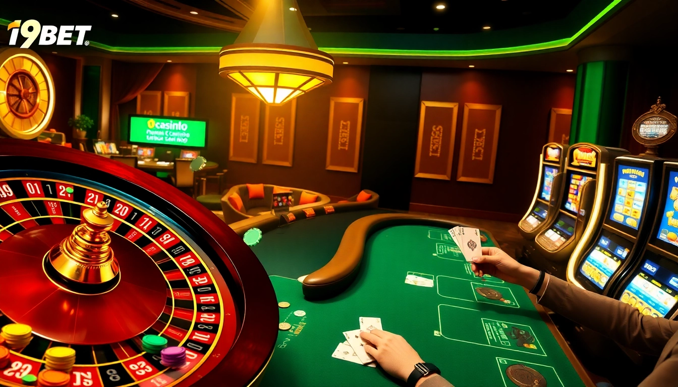 I9BET roulette wheel and poker table showcasing vibrant casino gaming action