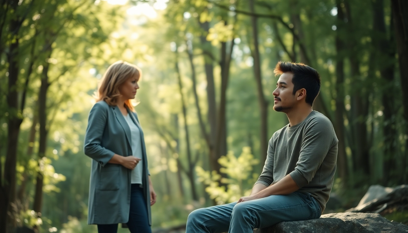Client engaging in a therapy session focused on stress and anxiety amidst a tranquil forest.