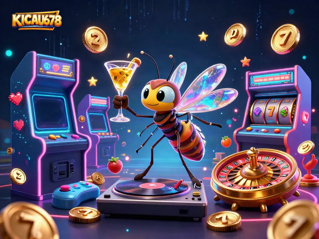 KICAU678 showcases a vibrant casino scene with unique characters and slot game elements, inviting action.