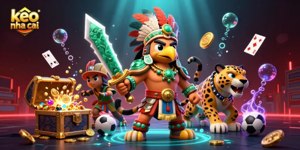 Engage with high-stakes sports betting action featuring keo nha cai symbols and energetic characters.