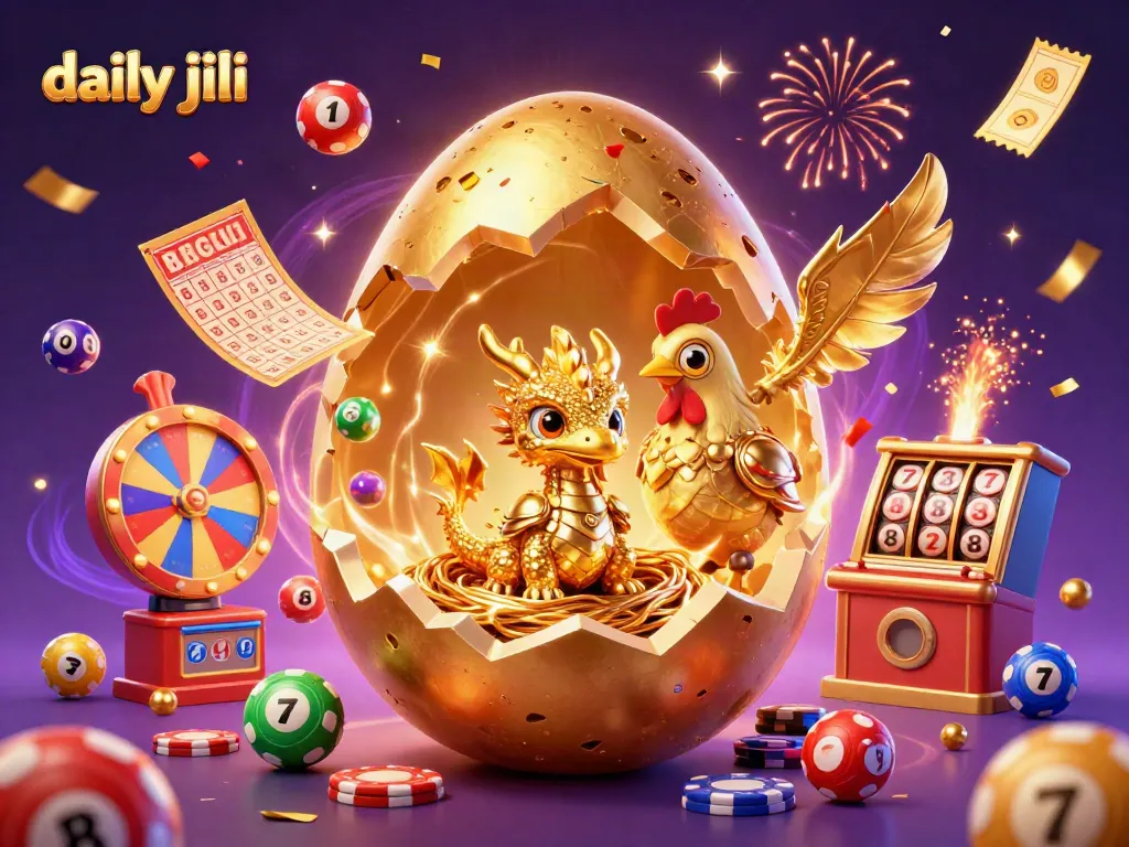 Engage in daily jili excitement with a golden dragon surrounded by casino elements in vibrant colors.