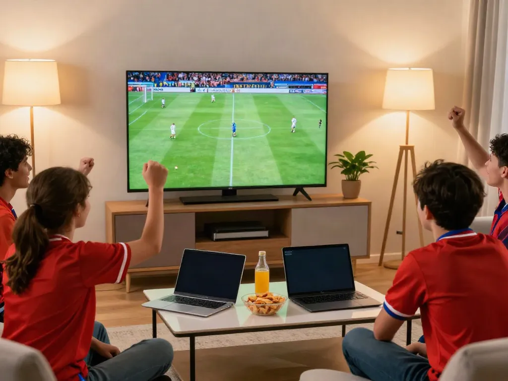 A lively football viewing scene at GavangTV with fans enjoying a match.