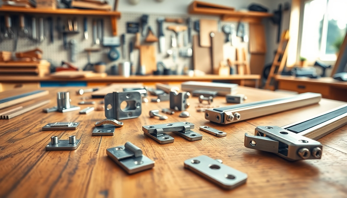 Showcase of furniture hardware supplier products including metal hinges and drawer slides.