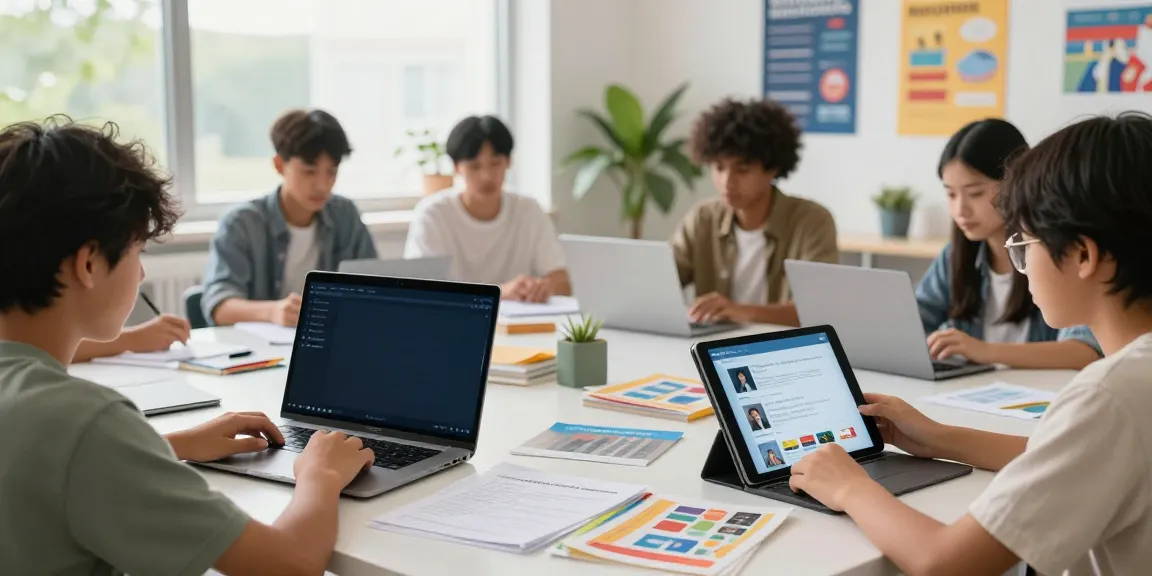 Students exploring online courses at https://khokhoahoc.academy/ in a bright, engaging study space.