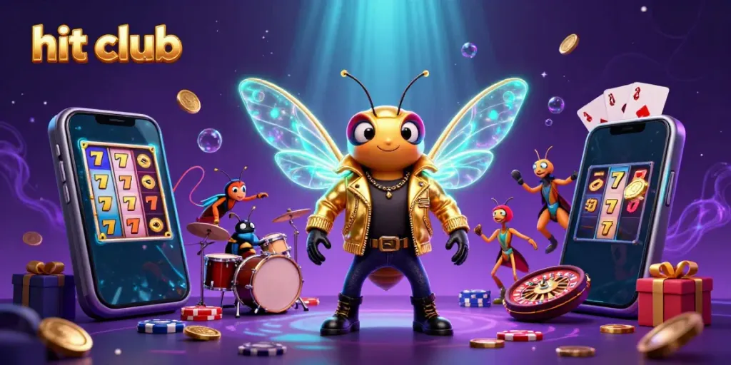 Engage in the hit club with a vibrant cartoon rock star performance amidst dynamic casino elements.