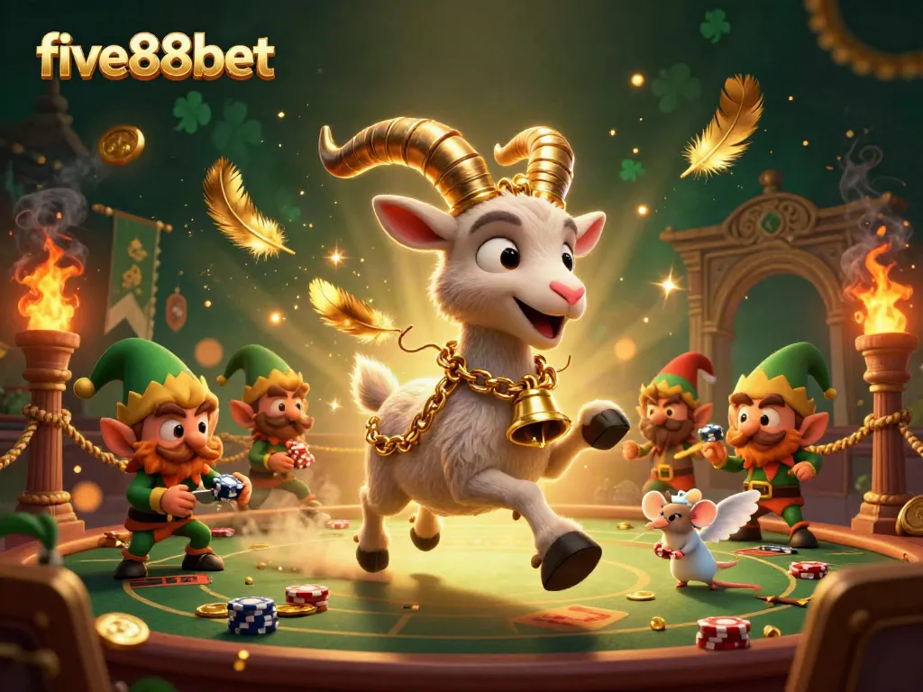 Experience thrilling fun at five88bet in a lively casino scene with playful characters and gambling elements.