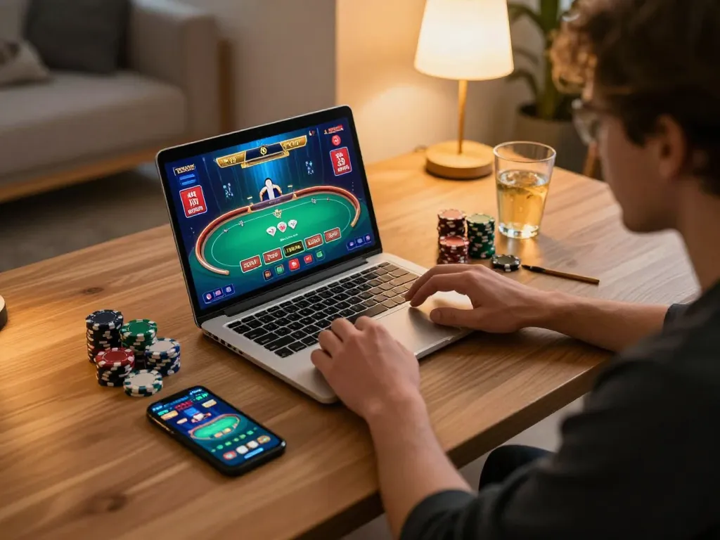 Person playing CK444 online poker at home with laptop and chips, showcasing strategic gameplay.