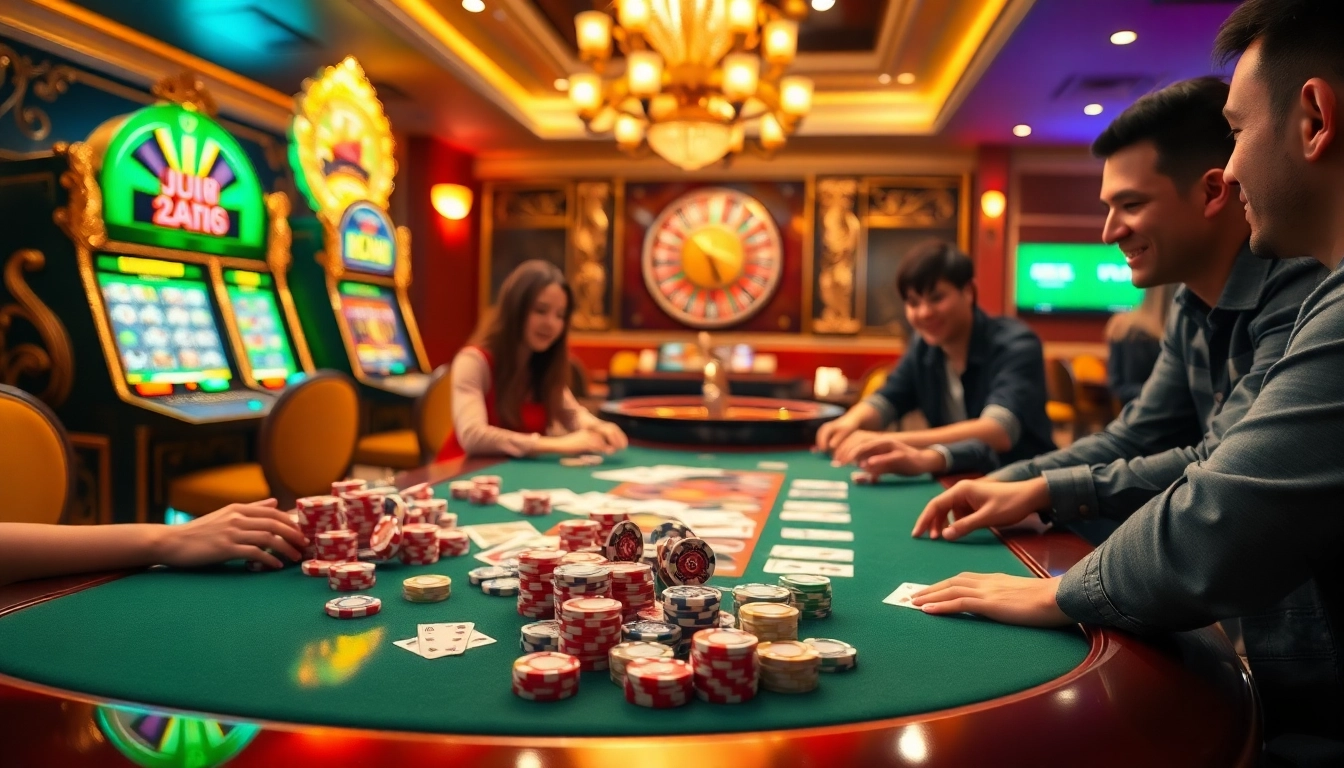 Experience the thrilling atmosphere of U888 casino with vibrant tables, poker chips, and spinning roulette wheels.