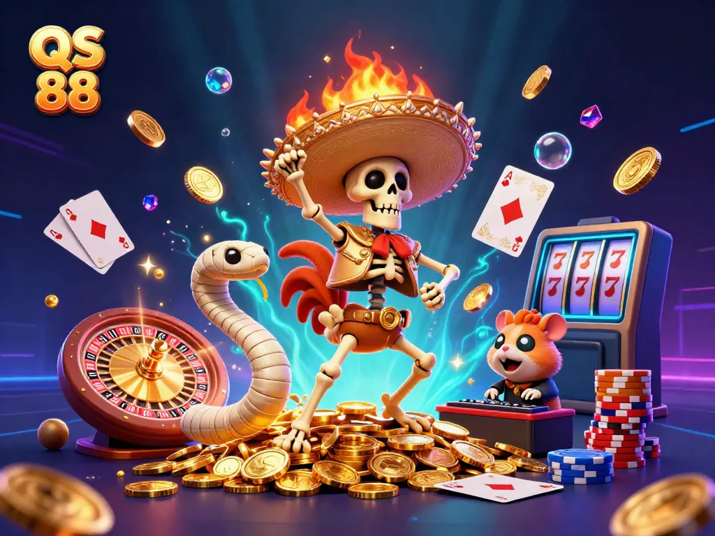 Experience the excitement of QS 88 with a vibrant 3D casino scene featuring a dancing mariachi rooster and gaming elements.