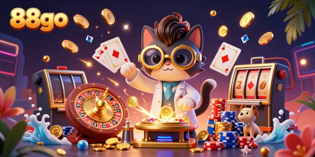 Experience thrilling gambling action with 88go's vibrant casino scene featuring dynamic characters and dazzling game elements.