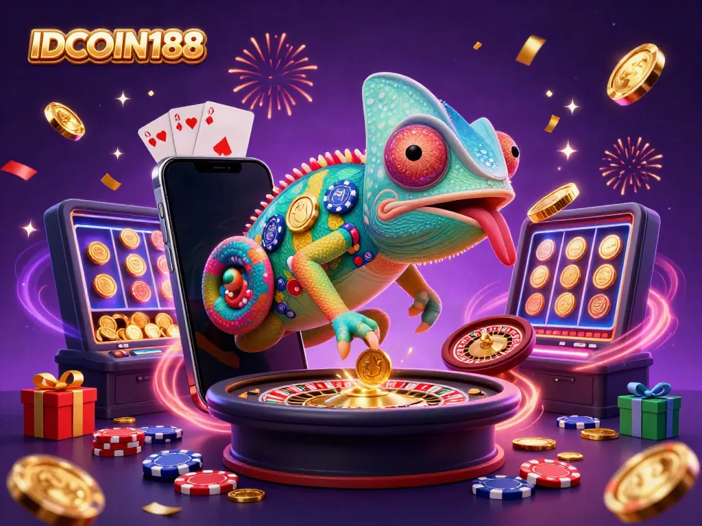 IDCOIN188 captivates with a vibrant casino scene showcasing a chameleon owner amidst gaming elements.