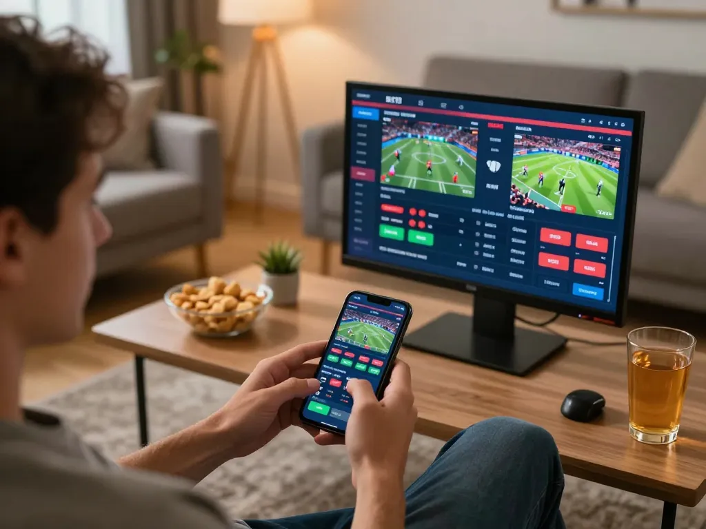 Partecipare a siti scommesse non AAMS con uno smartphone che mostra diverse opzioni di scommesse sportive a casa.